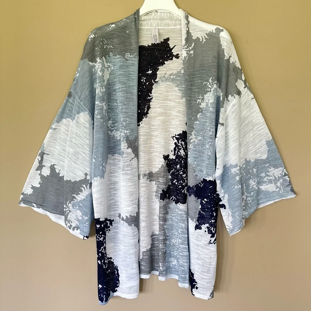 Marla Wynn Kimono Cardigan Women XL Lagenlook Duster Beachy Nautical Blue White